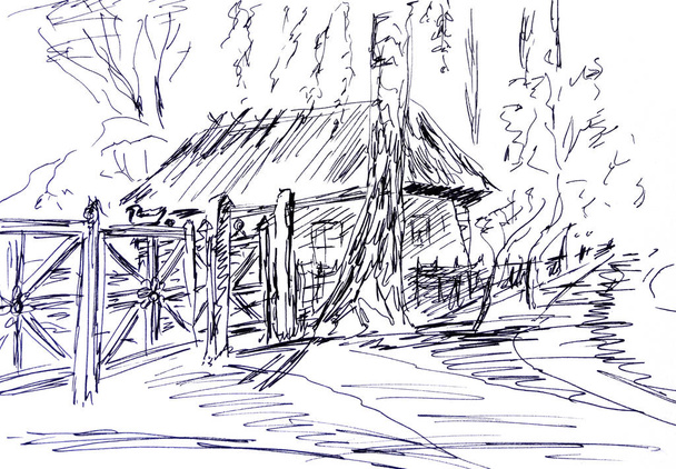dibujo gráfico en blanco y negro de una casa rural con techo de paja y valla
 - Foto, Imagen