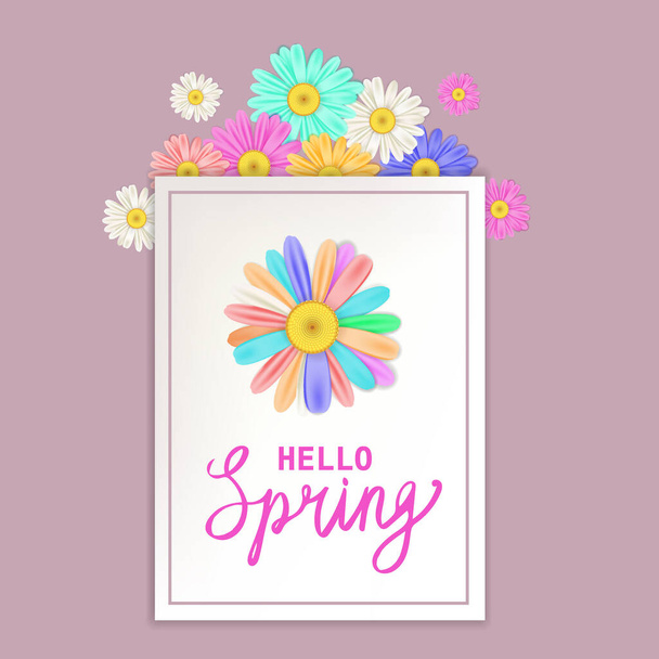 Witam Wiosna napis szablon baner ze świeżymi kwiatami bukiet multi kolorowe stokrotki, rumianki. Ilustracja wektora. Projekt kwiatowy plakatów, ulotek, kartki okolicznościowej, zaproszenia - Wektor, obraz