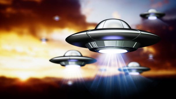 Flying saucers with light beams in the sky. 3D illustration. - Valokuva, kuva