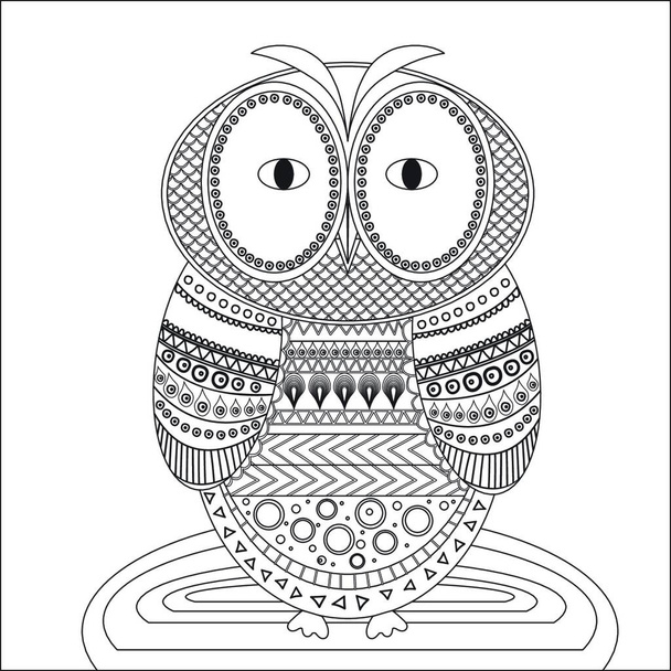 Decorative owl. Adult antistress coloring page. Black and white illustration for coloring book - Vetor, Imagem