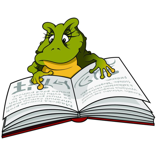 Green Female Frog Reading Book - Cartoon Illustration, Vector - Vektor, obrázek
