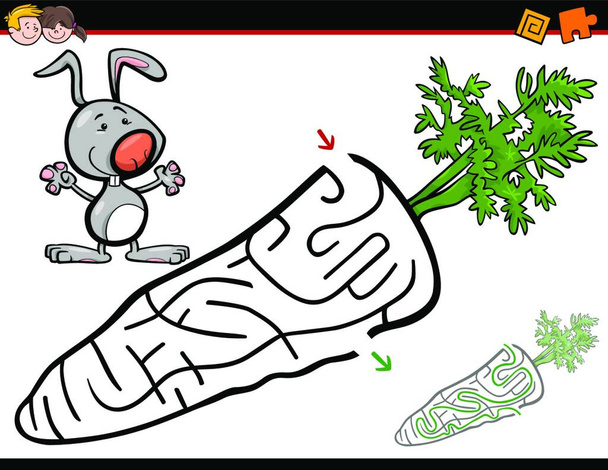 Cartoon Illustration of Education Maze or Labyrinth Activity Game for Children with Rabbit and Carrot - Vector, imagen