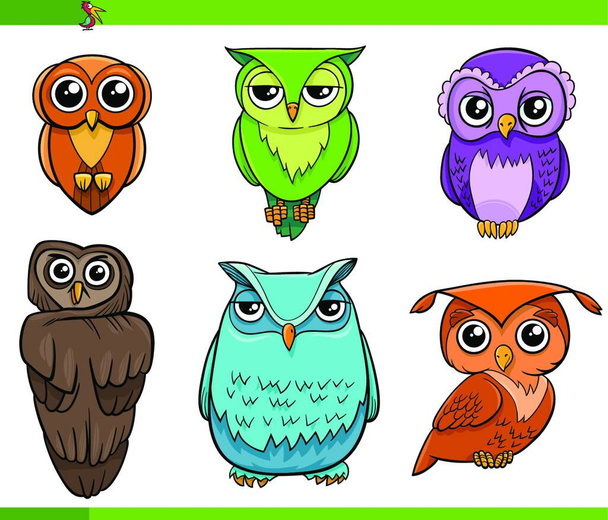 Cartoon Illustration of Owl Birds Animal Characters Set - Vektor, kép