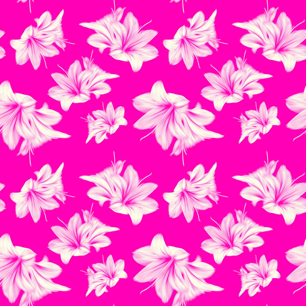 Размытый Амариллис бесшовный рисунок в модных неоновых цветах. Белые цветы на розовом фоне. Можно использовать в качестве обоев, обоев, обертки
. - Фото, изображение