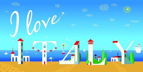 Inscription I love Italy. Cute white houses on the coast. Plane in the sky, Summer beach. Vector Illustration. EPS 8 - Vector, Image