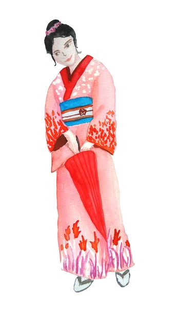 Akwarela ręcznie rysowane ilustracja projekt dziewczyny w kimono tradycyjne japońskie ubrania azjatyckie czerwony różowy fioletowy fioletowy kolory z sakura kwiatowy ornament. Ceremonia w Chinach japońskich, panie - Zdjęcie, obraz