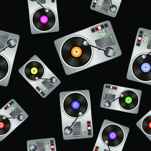 Vinyl Record Players Seamless Pattern on Black Background - ベクター画像