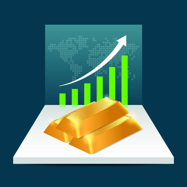 Gold price concept. Gold price growing up graph with world map background. Financial markets. vector illustration. - Vektör, Görsel