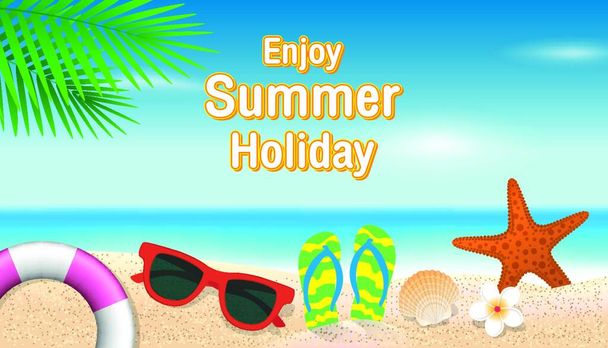 Summer holiday background. Lifebuoy, sunglasses, starfish, shell, flip flop, flower and leaf on sand beach. Season vacation, weekend. Vector Illustration. - Vektor, obrázek