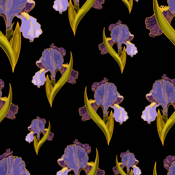 Vector iris patroon op zwarte achtergrond. Decoratieve irissen. Kan gebruikt worden voor printen, behang, inpakpapier, textiel, kleding ontwerp, web design, linnengoed, groeten, feestdagen en posters. Home decor. - Vector, afbeelding