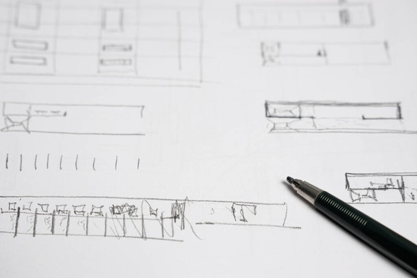 Építészeti terv vázlatok mechanikus ceruzával - Fotó, kép