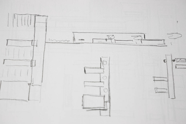 Jegyzetfüzet ceruzával rajzolt építészeti vázlatokkal - Fotó, kép