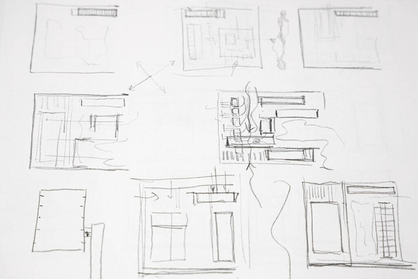Notebook s architektonickými skicami nakreslenými tužkou - Fotografie, Obrázek