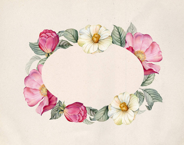 Watercolor floral frame with camellia and rose hip. Oval banner on craft paper. Place for text. Realistic leaves and briar flowers. Vintage botanical illustration - Foto, imagen