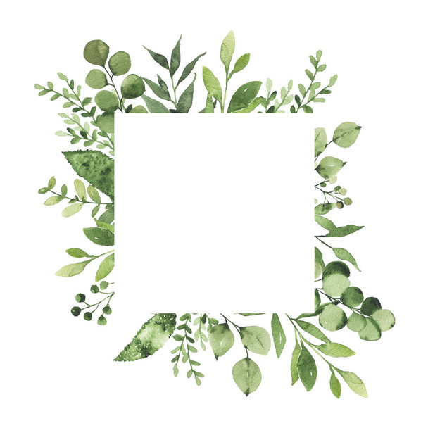 Υδατογραφία γεωμετρικό πλαίσιο με πράσινο φύλλα κλαδί φυτό βότανο χλωρίδα απομονωμένο σε λευκό φόντο. Φυτικό ανοιξιάτικο καλοκαιρινό φύλλο διακοσμητική απεικόνιση για πρόσκληση γάμου κάρτα - Φωτογραφία, εικόνα