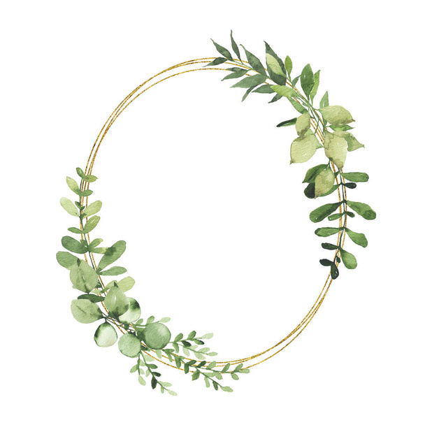 Watercolor gold geometrical wreath with greenery leaves branch twig plant herb flora isolated on white background. Botanical spring summer leaf decorative illustration for wedding invitation card - Photo, image