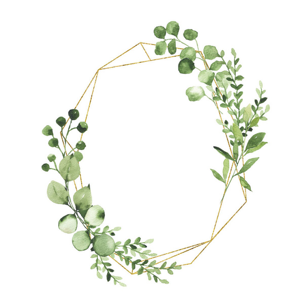 緑の葉を持つ水色の金幾何学的花輪は白い背景に孤立枝小枝植物ハーブ植物叢を残します。結婚式の招待状の植物春の夏の葉の装飾イラスト - 写真・画像