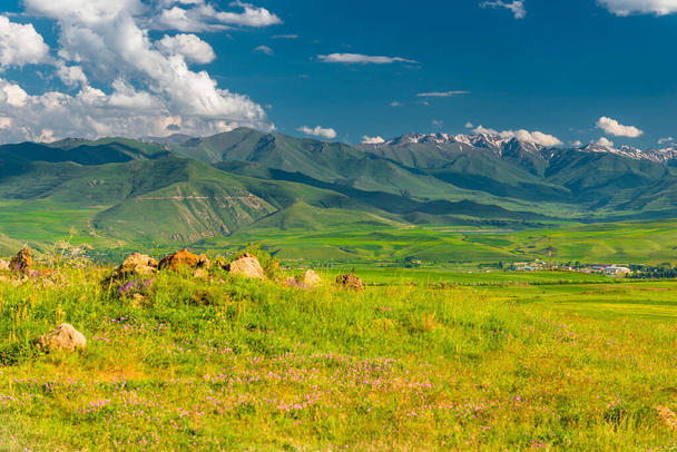 Beautiful high mountains with glaciers on a sunny summer day, Armenia landscape - Photo, Image