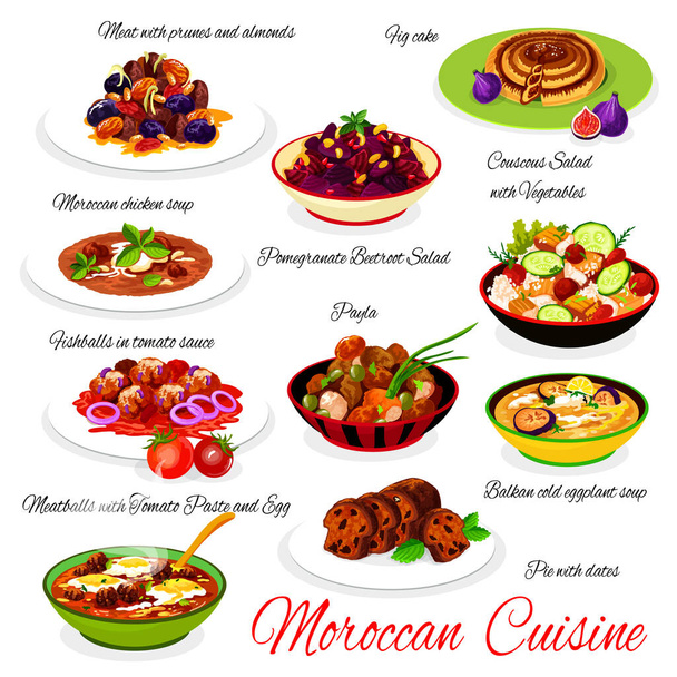 Marokkói konyha hagyományos ételeket csirke leves, kuszkusz saláta zöldségekkel, füge torta, hús szilvával és mandulával, halgolyók mártással, húsgombóc paradicsommassza és tojás. Vektorillusztráció - Vektor, kép