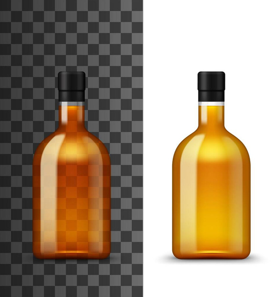 Алкоголь пить стеклянную бутылку реалистичный 3D векторный макет. Закрытая бутылка с коричневой жидкостью ремесленного пива или бренди, джина, текилы или коньяка, рома и скотча, бурбон виски
 - Вектор,изображение