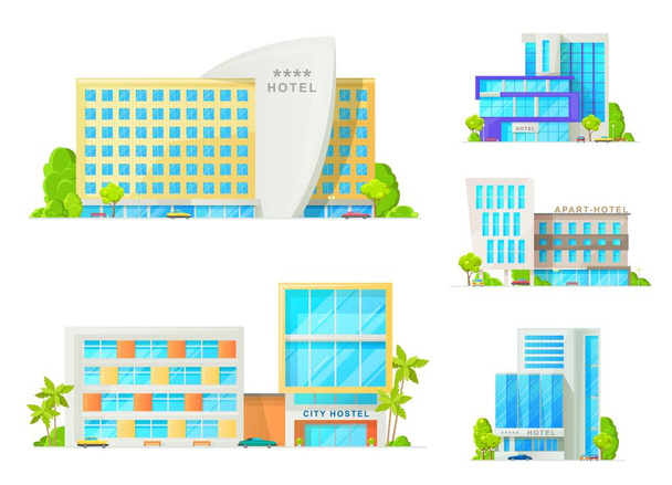 Hotel and motel buildings architecture isolated icons. Luxury apart hotel, city hostel apartments, resort with glass facade, parked cars and palm trees. Cartoon vector hotel buildings - Vector, Image