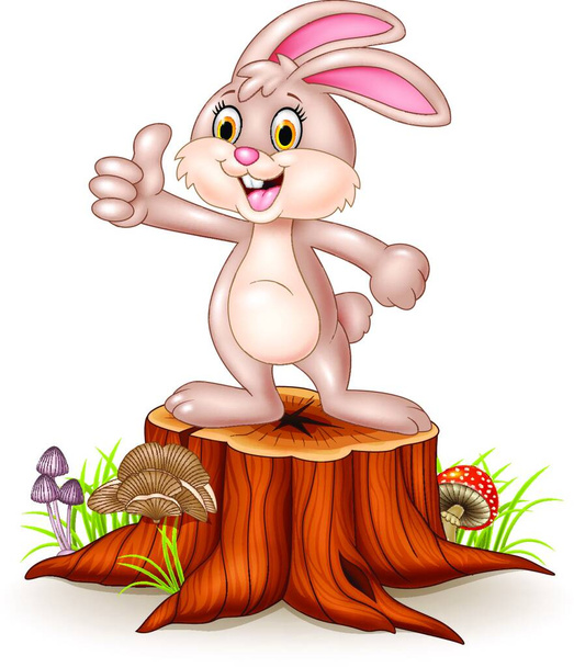 Cartoon bunny giving thumb up on tree stump - ベクター画像