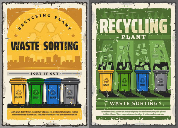 Wastes sorting and garbage recycling retro posters. Vector waste bins for litter segregation. Glass, paper, plastic and organic rubbish bio refuse recycle disposal containers, ecology conservation - Vector, Image