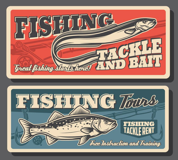 Fishing sport, sea bass and eel fish, tackles and bait posters. Fisherman equipment and fish catch accessories rent. Fishing rods or spinning with hooks and floaters, vector vintage card - Vector, Image