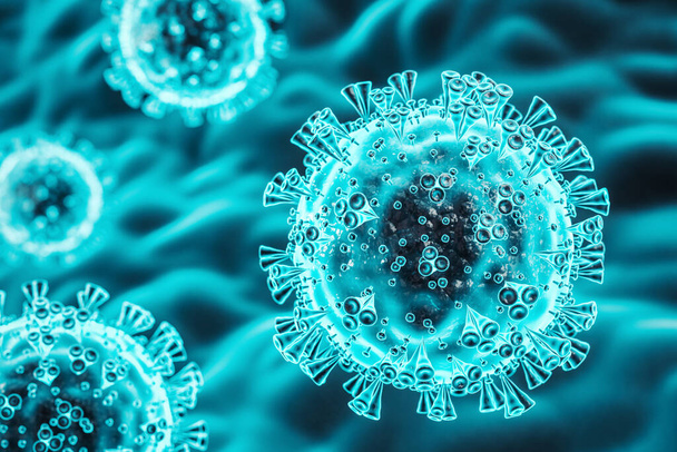 Blue germ virus bacteria coronavirus 2019-nCov. Coronavirus helath crisis concept. Close up, 3D Rendering - Photo, Image
