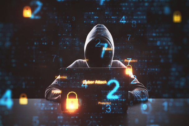 Ataque cibernético em processo com hacker usando laptop. Ícones de segurança digital e de computador nas células. Hacking e conceito de malware
. - Foto, Imagem