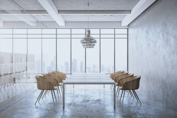 Σύγχρονη συνάντηση γραφείο εσωτερικό δωμάτιο με πανοραμική θέα στην πόλη. Χώρος εργασίας και εταιρική έννοια. 3d απόδοση - Φωτογραφία, εικόνα