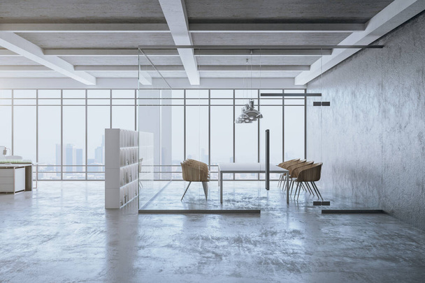 Καθαριότητα συνάντηση γραφείο εσωτερικό δωμάτιο με πανοραμική θέα στην πόλη. Χώρος εργασίας και εταιρική έννοια. 3d απόδοση - Φωτογραφία, εικόνα