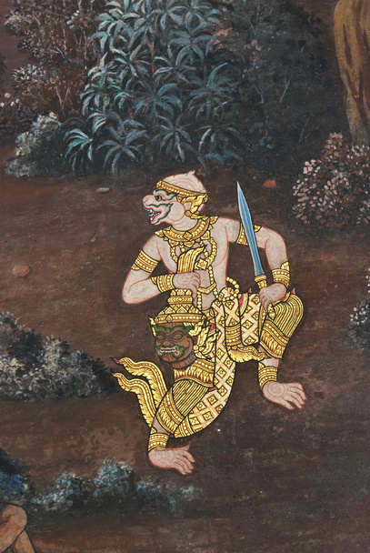 Obra-prima do estilo tradicional tailandês pintura arte no templo wa
 - Foto, Imagem