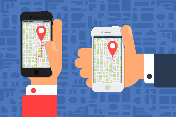 La vida social con Smartphone. Mapa electrónico en Smartphone In Hand en estilo minimalista plano. Vector
 - Vector, imagen