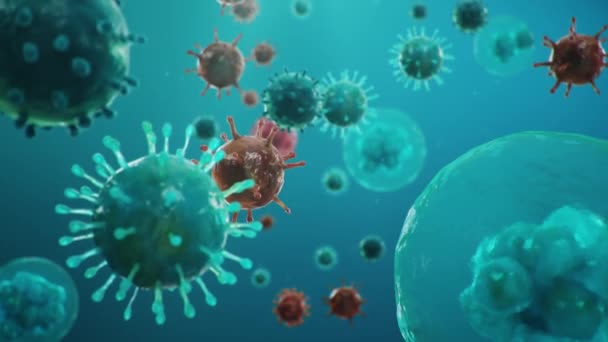 コロナウイルス、インフルエンザウイルスおよび2019-nCovの概要。感染症の概念、ヒト細胞の流行。COVID-19顕微鏡下,呼吸器系に影響を与える病原体.3Dイラスト - 映像、動画