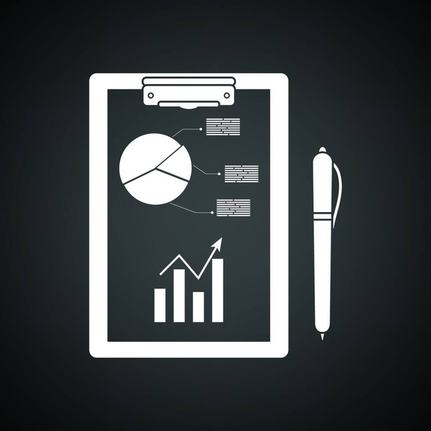 Writing tablet with analytics chart and pen icon. Black background with white. Vector illustration. - Vettoriali, immagini