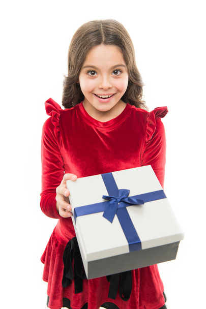 Celebrating special day of life. Birthday girl isolated on white. Happy child got birthday gift. Birthday anniversary. Holiday celebration. Happy birthday to you - Photo, Image