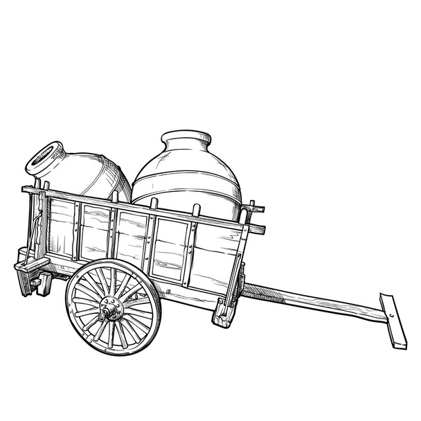 Ein altmodischer Bauernwagen, beladen mit Kvevri. Zeichnung im Skizzenstil isoliert auf weißem Hintergrund. - Vektor, Bild