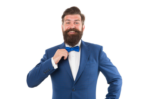 Businessman with beard wear bow tie. Art director exhibition curator. Modern business. Think Different. Event manager. Business in modern life. Groom ready for wedding. Bearded man in formal suit - 写真・画像