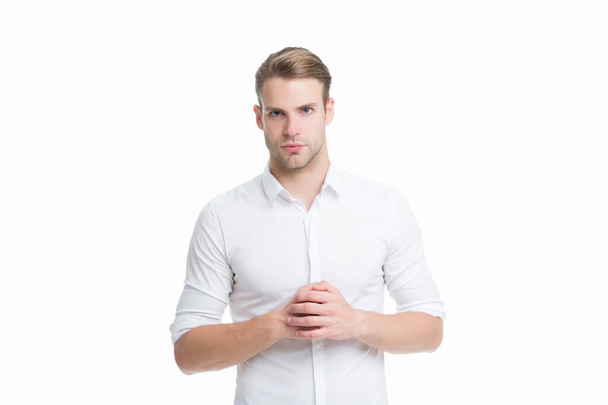 Tidy boy. White collar worker. Working formal dress code. Menswear formal style. Guy handsome office worker. Clerical and middle chain management. Man well groomed formal shirt white background - Fotoğraf, Görsel