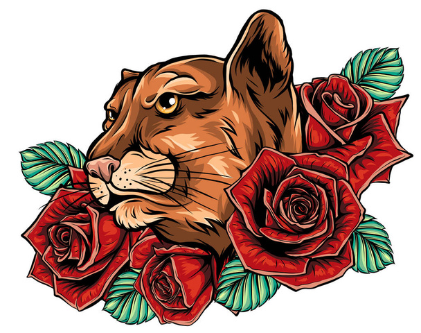 Pantera wąż róże tatuaż graficzny wektor ilustracja - Wektor, obraz