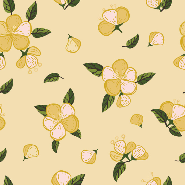 Vector yellow quince fruit blossom seamless pattern print background. - Vector, Image
