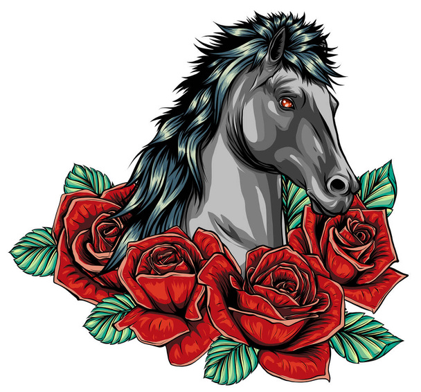 Cabeza de caballo bordado y rosas silvestres, flores de escaramujo. - Vector, imagen