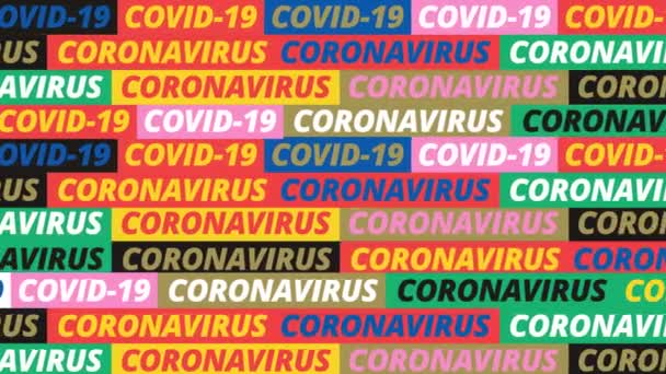 コロナウイルスCovid-19テキストアニメーション。ウイルス名とカラフルな動きの背景. - 映像、動画