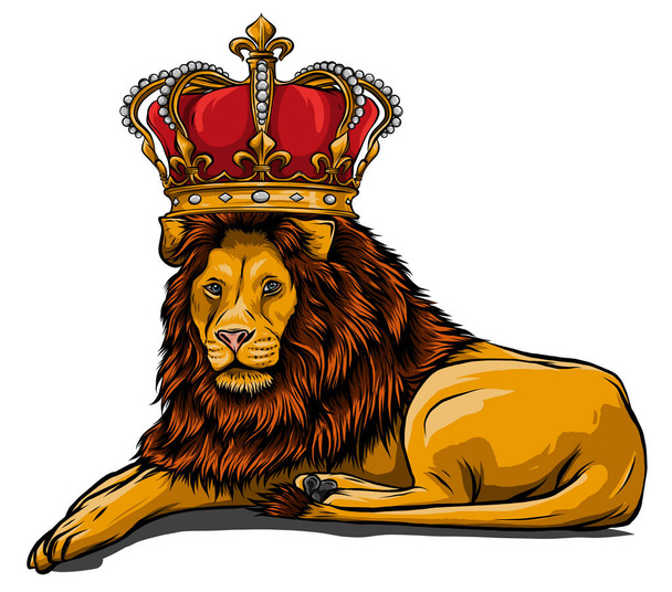 Koninklijke leeuw met kroon - dierenkoning met lange manen - Vector, afbeelding