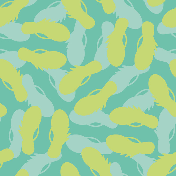 フリップフロップシューズシームレスベクトルパターン背景。サンダルのシルエットモノクロームの質感の背景。海の緑の色合い。夏休みのための印刷、ビーチウェディング新婚旅行リゾートのコンセプト - ベクター画像