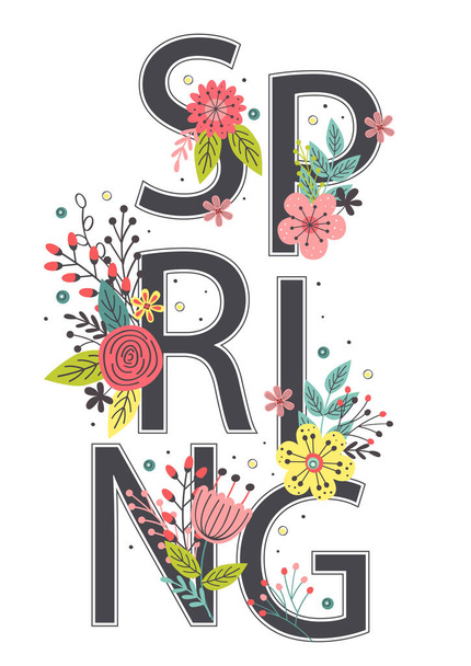 floral poster with lettering Spring on white background  - vector illustration, eps    - Vector, Imagen