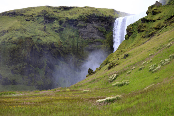 Skogafoss / Iceland - August 15, 2017: Beautiful and famous Skogafoss waterfall in South of Iceland, Iceland, Europe - Fotoğraf, Görsel