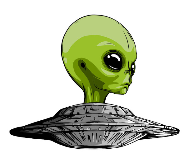 Alien sitzt in einer fliegenden Untertasse. Handgezeichnet style.Space wissenschaftlichen Vektor Illustration - Vektor, Bild