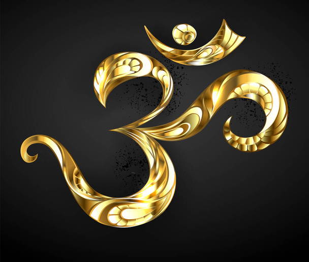 Patterned symbol Om, made of sparkling gold on black background - Wektor, obraz
